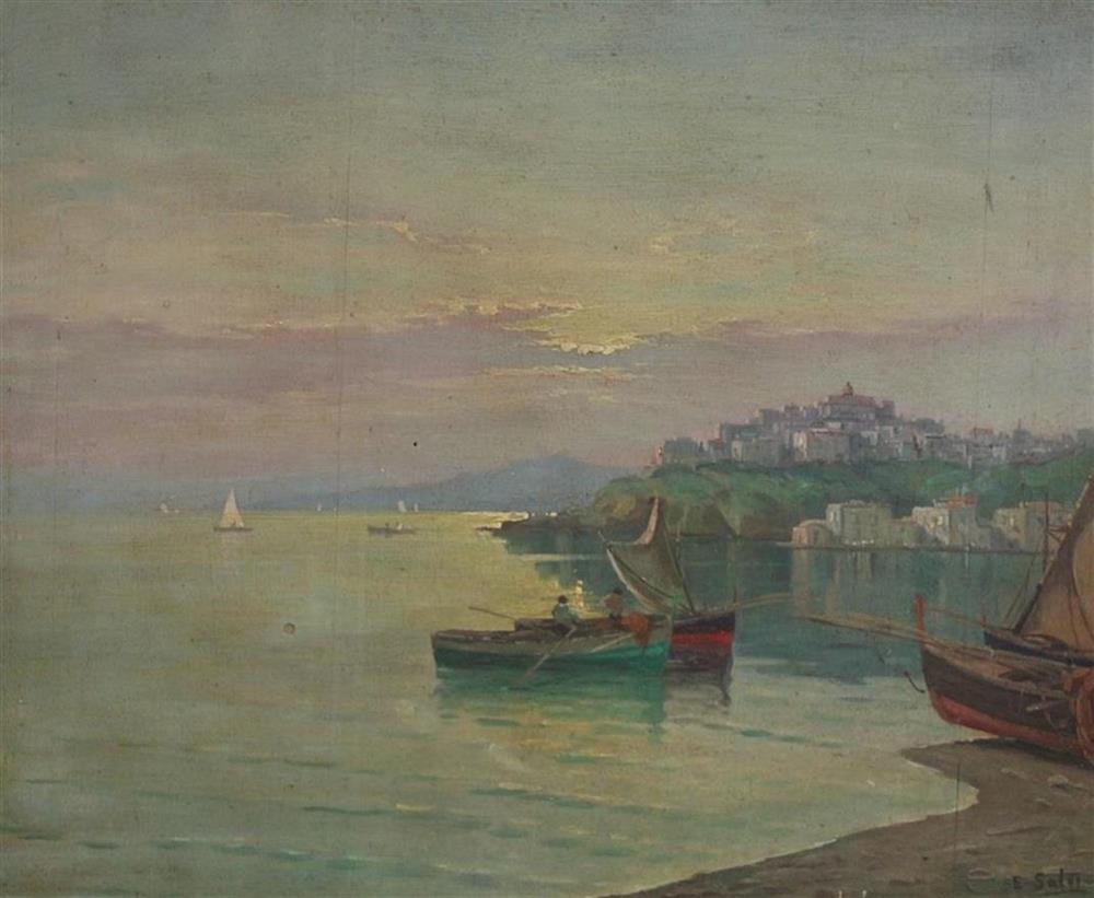 Ensel Salvi (Italian, 20th C.), oil on board, Italian coastal landscape at sunset, signed, 38 x 48cm